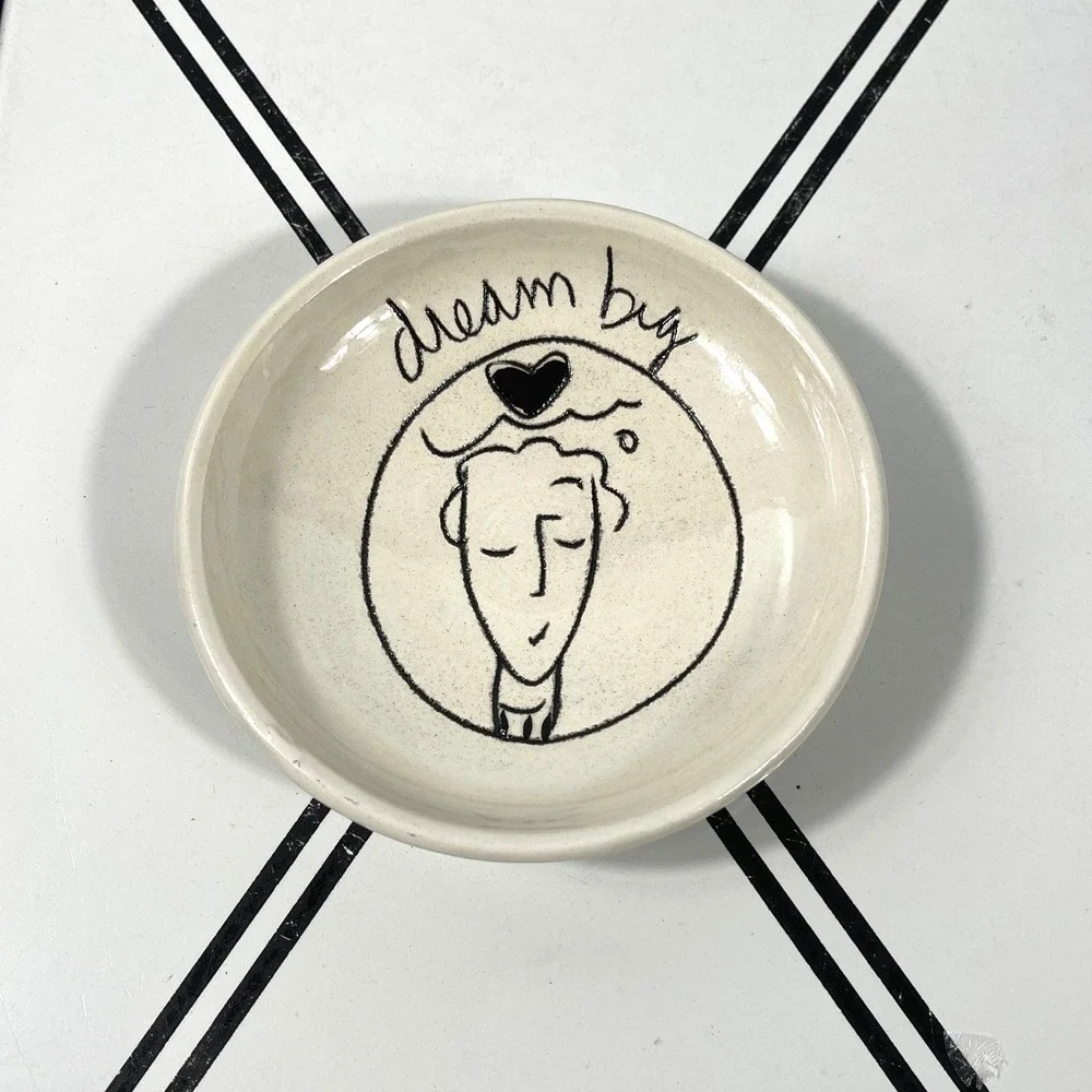 Handmade Signed Ceramic Trinket Dish Dream Big Face‎ Heart Black Art Small Bowl